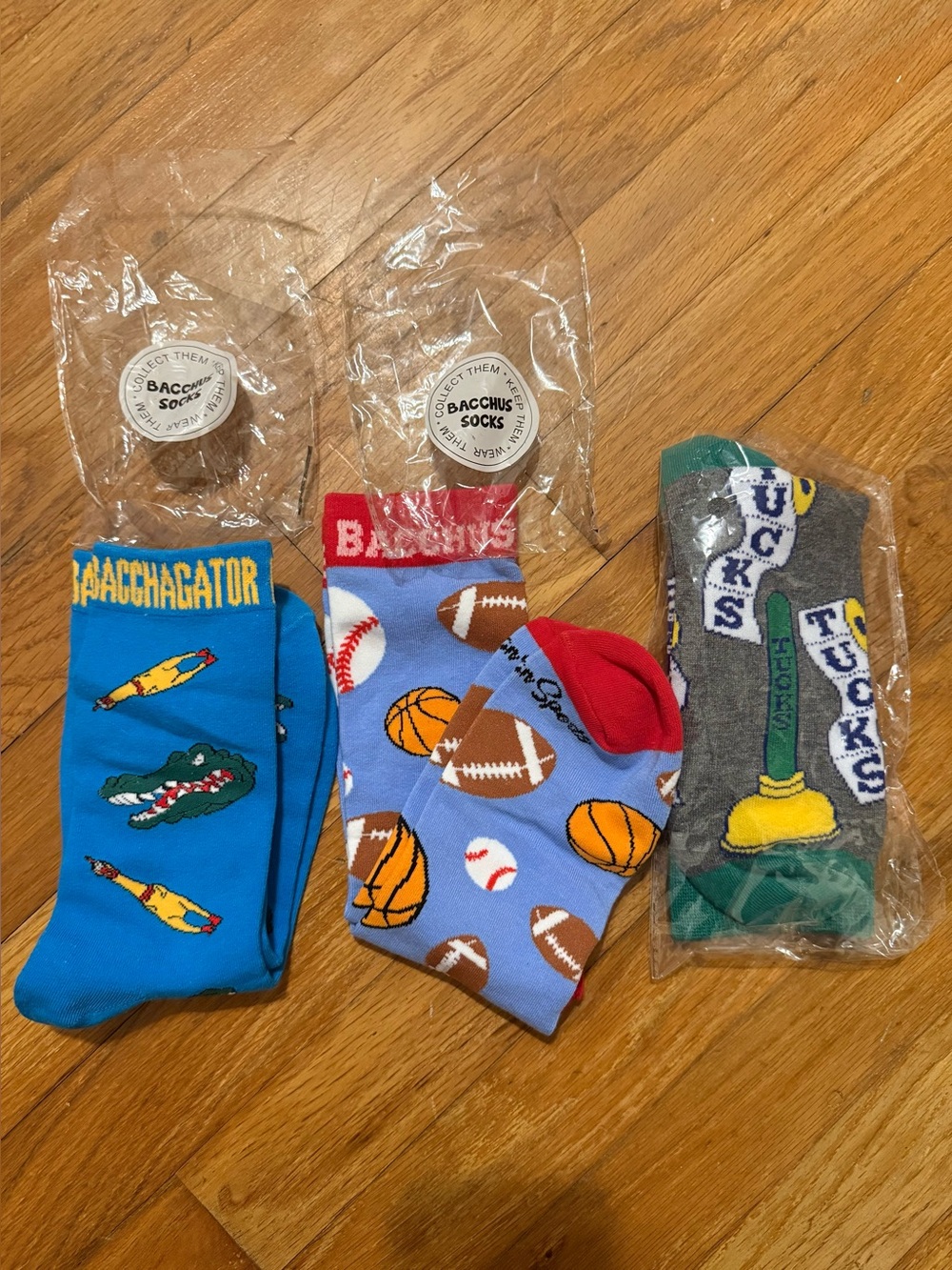 Bacchus Novelty Mardi Gras Socks, Chicken, Basket Ball, Plumber